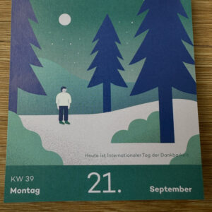 Kalenderblatt zum 21. September mit einer Illustration und dem Hinweis „Heute ist Internationaler Tag der Dankbarkeit“